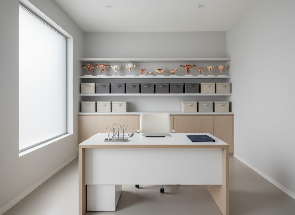 A tranquil, meticulously organized gynecology consultation room with a minimalist, clinical desk in matte white and light oak facing the viewer. On the desk lies a neatly arranged set of modern medical instruments, a closed silver laptop, and a slim, navy-blue patient file with the word “KLAITMAN” embossed subtly on the cover. The room is bathed in soft, diffused daylight from a large frosted window, casting gentle, clean shadows on the pale grey walls. In the background, a built-in shelving unit holds carefully aligned anatomical models and neutral-toned storage boxes. Photographic realism, eye-level composition, sharp focus, and a calm, professional, corporate atmosphere with clean lines and a structured layout.