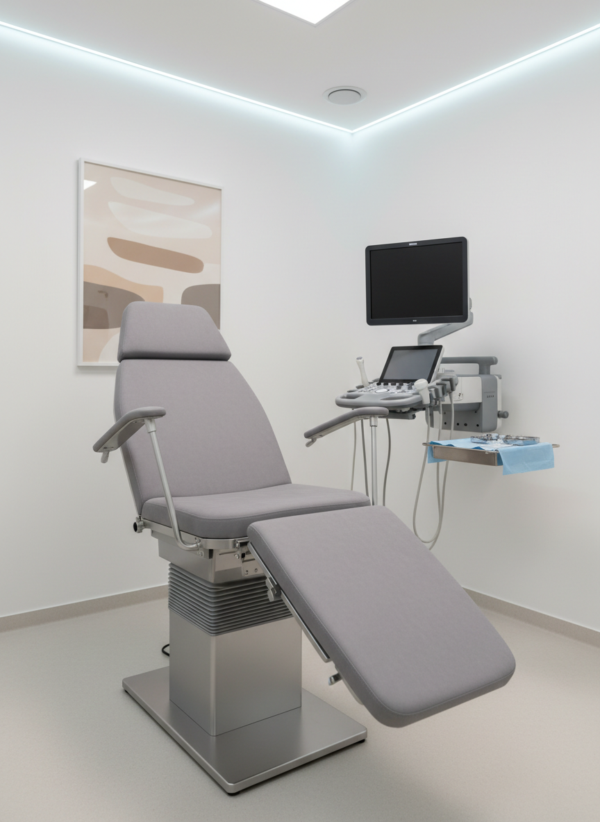 A close-up, photographic view of a pristine, modern gynecology examination chair in soft dove-grey upholstery with chrome accents, positioned slightly off-center in a spotless clinic room. The surrounding environment includes a wall-mounted ultrasound machine, a small stainless-steel tray with covered instruments, and a subtle, abstract artwork in muted beige and taupe tones on the wall. Cool, evenly distributed LED ceiling lighting creates a clear, shadow-free environment, highlighting the textures of the chair’s material and polished metal. Shot from a slightly elevated angle with moderate depth of field, the composition emphasizes functionality, hygiene, and trust. The mood is professional, calm, and reassuring, with a clean, corporate medical aesthetic and balanced composition.