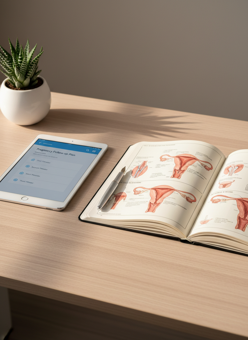 A carefully staged desktop scene in a gynecology clinic office, featuring an open medical notebook with neat printed diagrams of the female reproductive system, a silver fountain pen laid precisely along the margin, and a slim tablet displaying a clean, blue-and-white interface labeled “Pregnancy Follow-up Plan.” The surface is a light ash-wood desk with a subtle grain, framed by a neutral beige wall and a single small, white ceramic planter containing a structured green plant. Soft afternoon natural light filters in from the left, creating gentle highlights on the tablet screen and pen, with delicate shadows crossing the page. Photographic realism, rule-of-thirds composition, shallow depth of field, and a composed, educational, and professional mood suited to a gynecology clinic website.